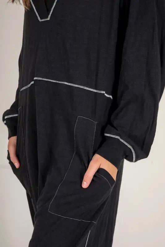 Black flatlock seam detail v neck baggy jumpsuit - bottoms