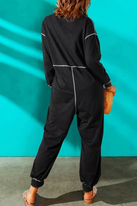 Black flatlock seam detail v neck baggy jumpsuit - bottoms