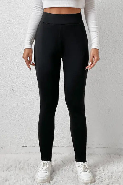 Black fleece lining leggings - high waist - s / 90% polyester + 10% elastane - bottoms