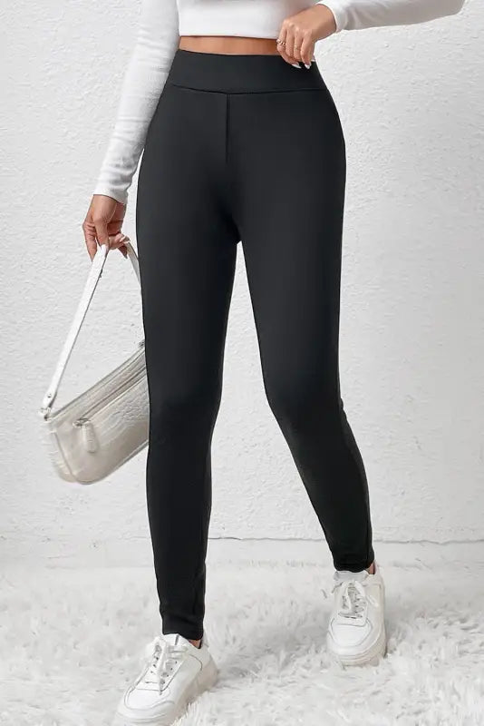 Black fleece lining leggings - high waist - bottoms