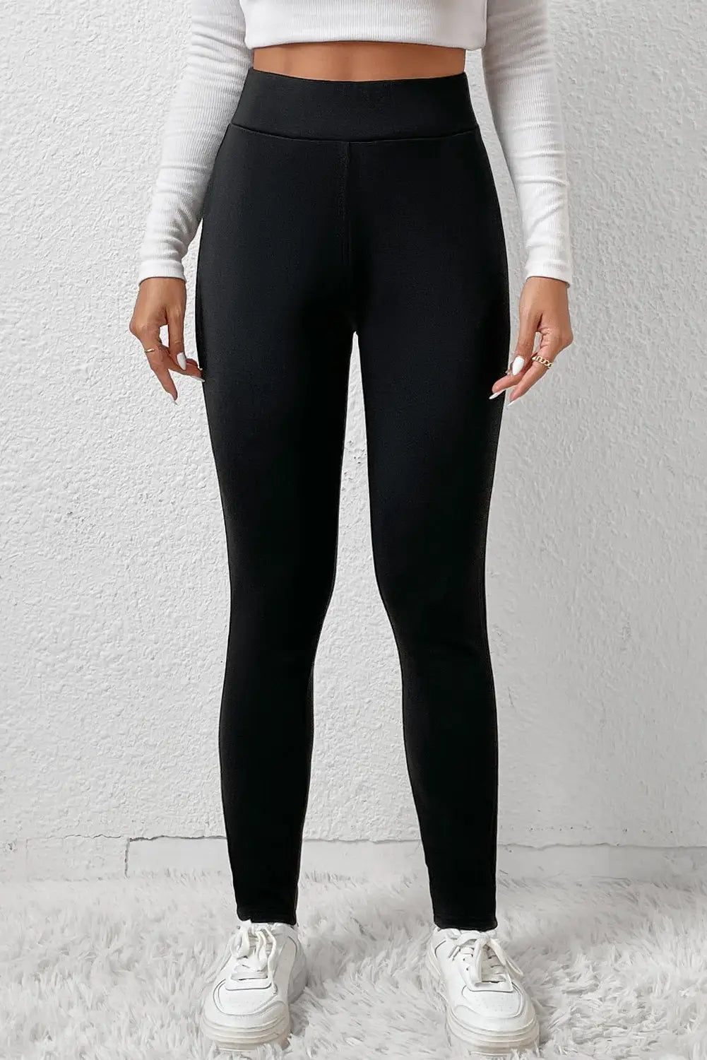 Black fleece lining winter high waist leggings - l /