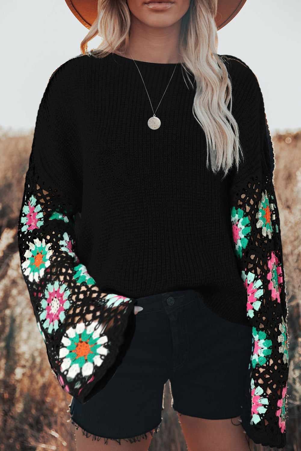 Black floral crochet bell sleeve loose sweater - s /