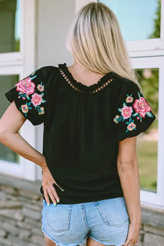 Black floral embroidered bubble sleeve frill v neck top - t-shirts