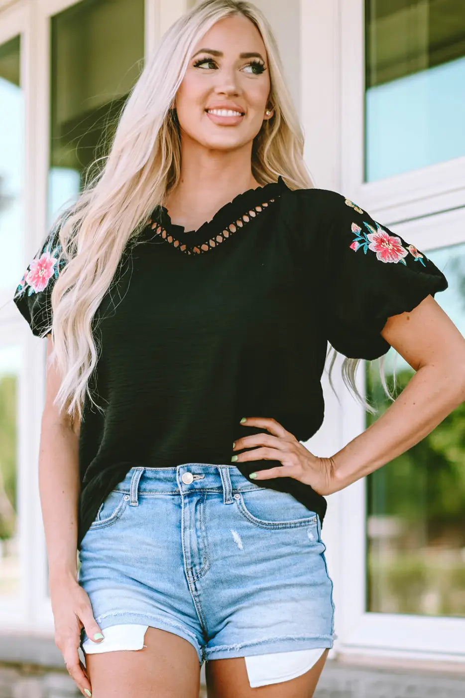 Black floral embroidered bubble sleeve frill v neck top - t-shirts