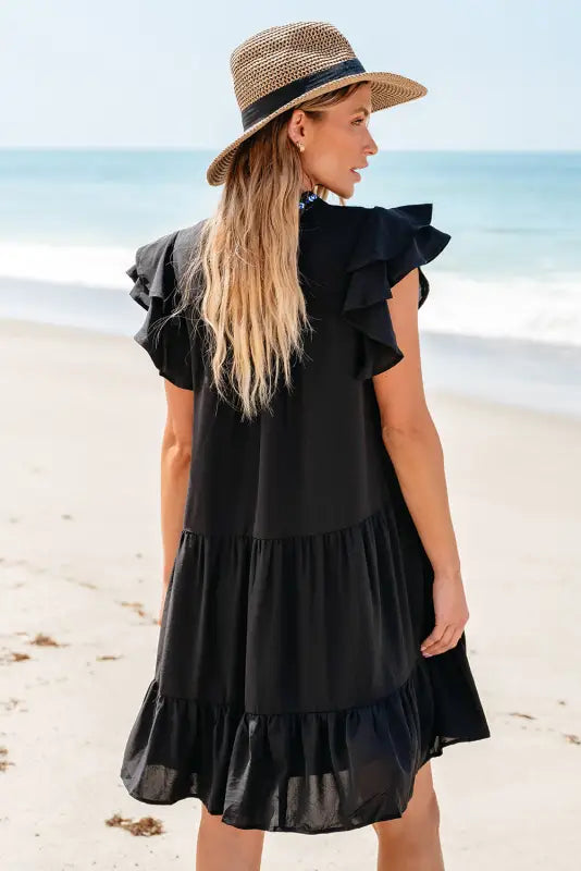 Black floral embroidered mini dress - tiered ruffled - dresses