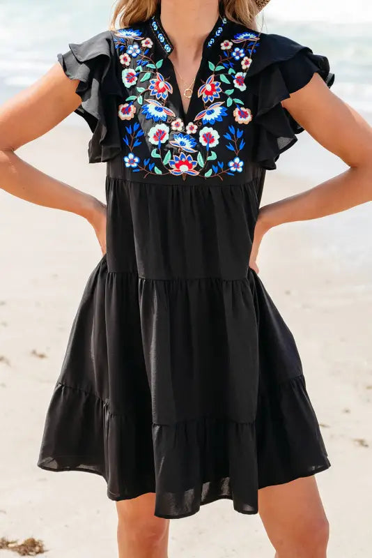 Black floral embroidered mini dress - tiered ruffled - dresses