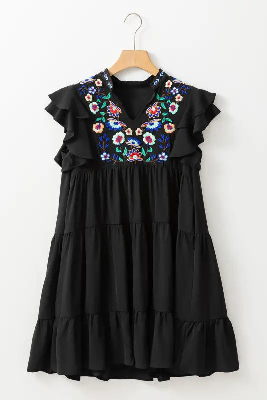 Black floral embroidered mini dress - tiered ruffled - dresses