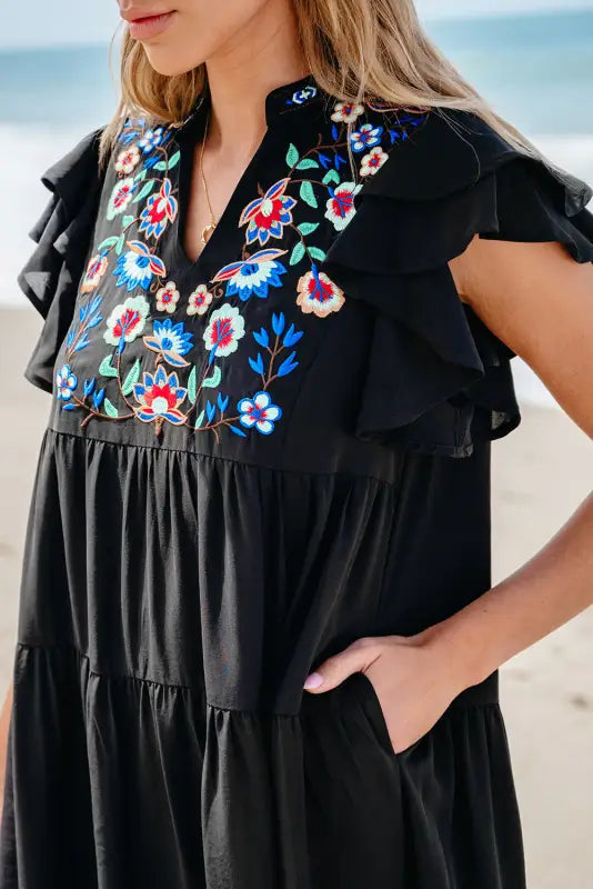 Black floral embroidered mini dress - tiered ruffled - dresses