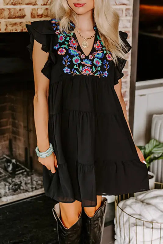 Black floral embroidered mini dress - tiered ruffled - s / 100% polyester - dresses