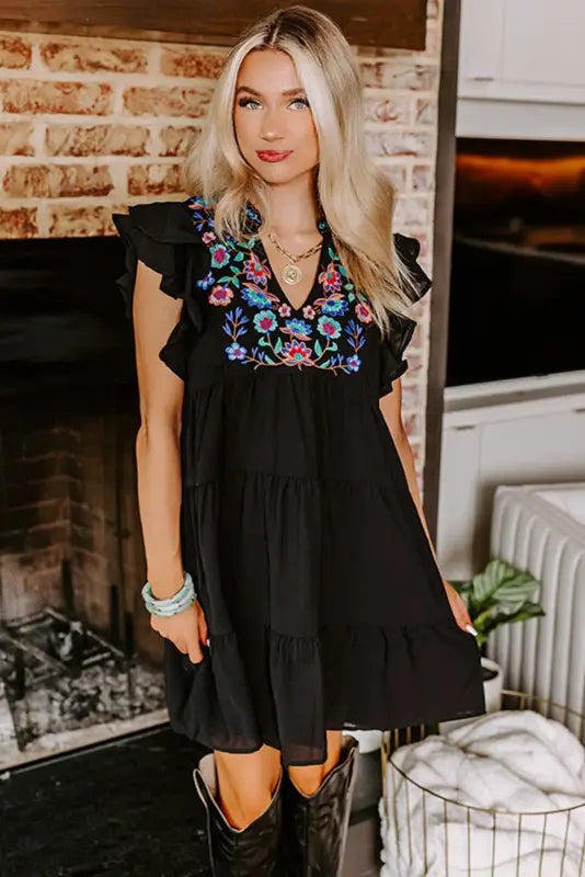 Black floral embroidered mini dress - tiered ruffled - dresses