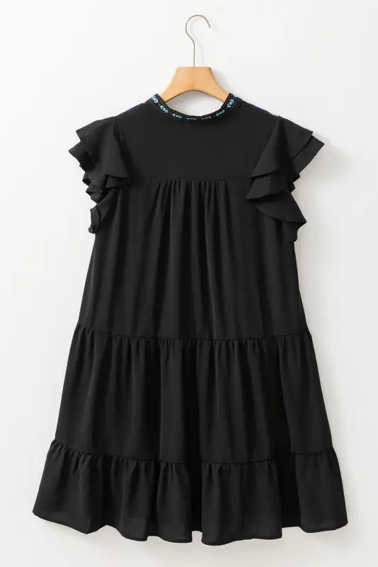 Black floral embroidered mini dress - tiered ruffled - dresses