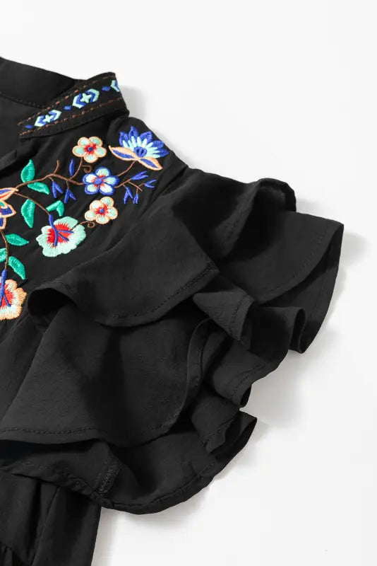 Black floral embroidered mini dress - tiered ruffled - dresses