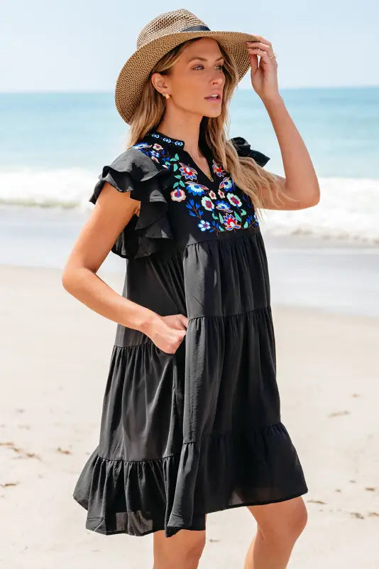 Black floral embroidered mini dress - tiered ruffled - dresses