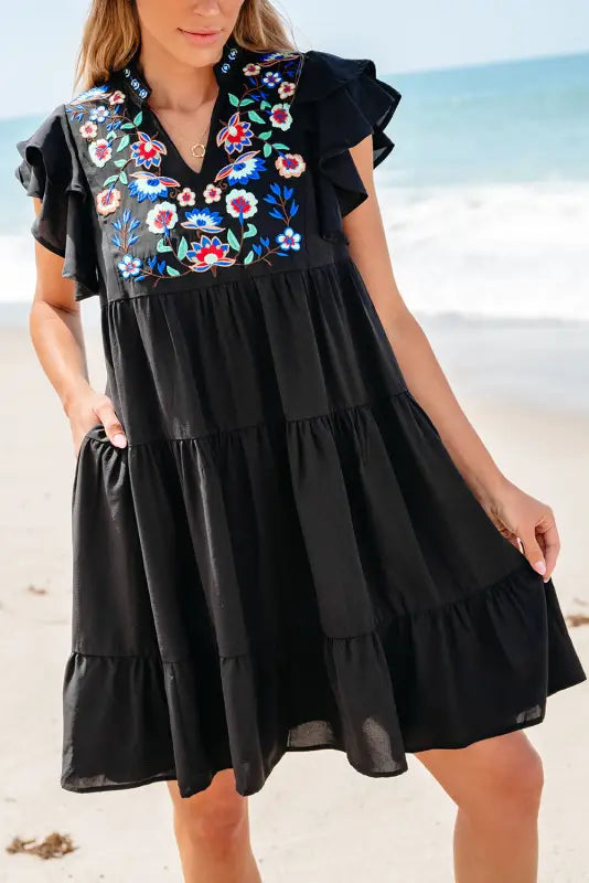 Black floral embroidered mini dress - tiered ruffled - dresses