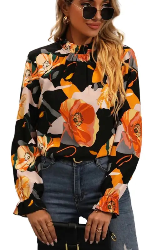 Black floral mock neck blouse - blouses