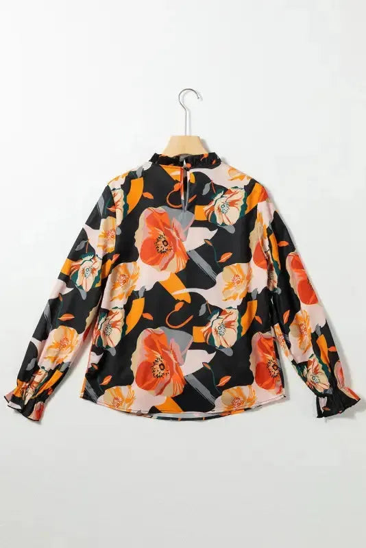 Black Floral Mock Neck Blouse - Fashionfitz