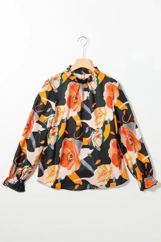 Black Floral Mock Neck Blouse - Fashionfitz
