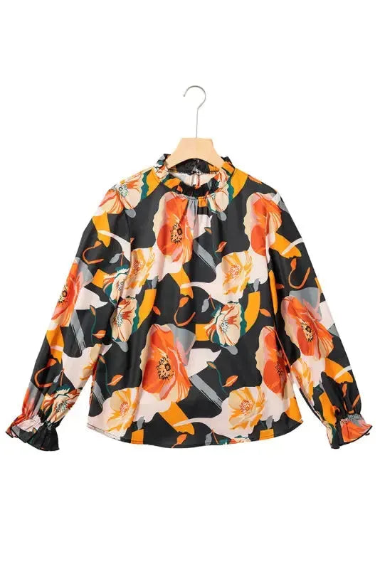 Black Floral Mock Neck Blouse - Fashionfitz
