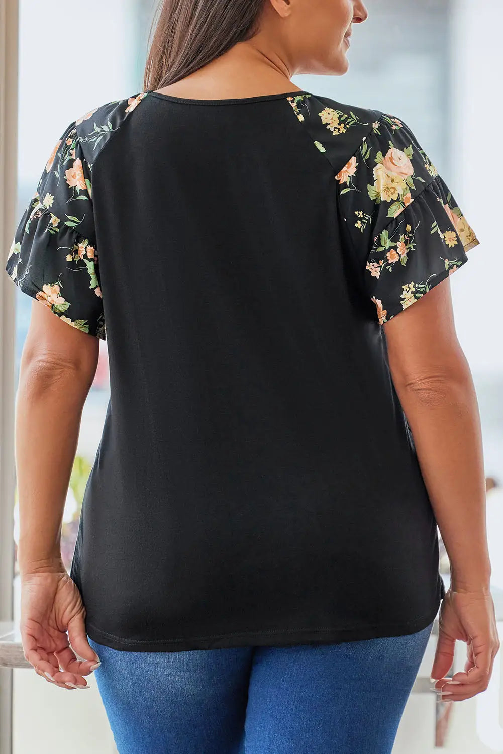 Black floral ruffle sleeve plus size top