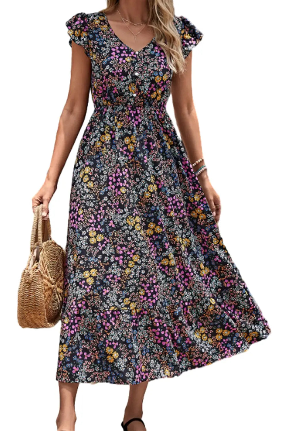 Black floral ruffled sleeve v neck buttoned midi dress - dresses/floral dresses
