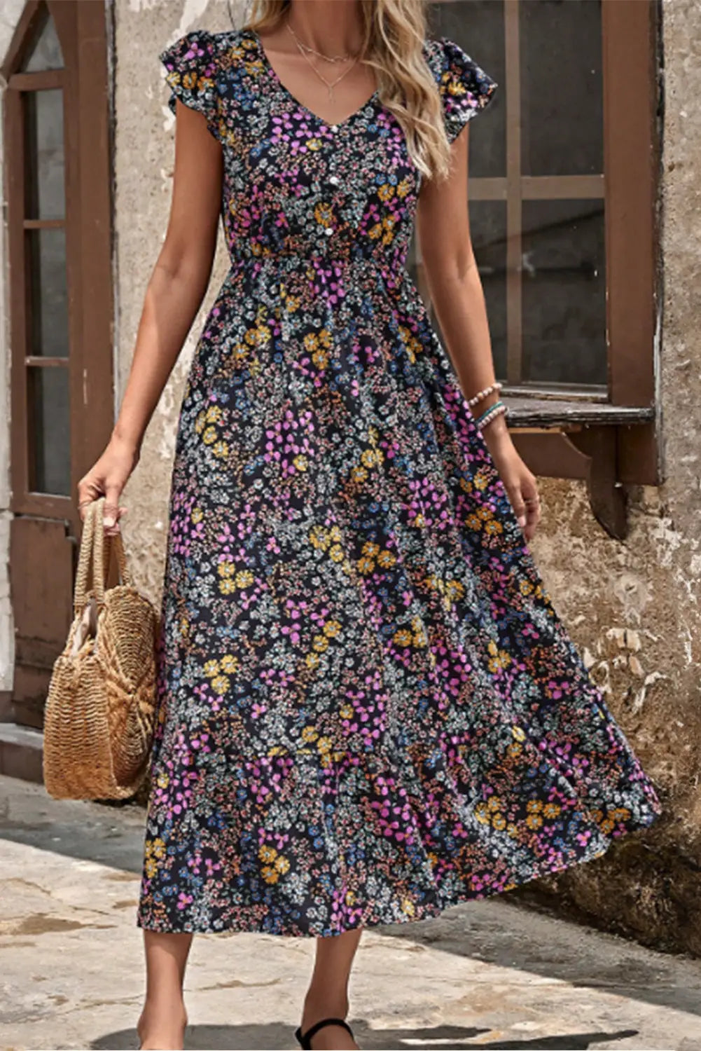 Black floral ruffled sleeve v neck buttoned midi dress - s / 95% polyester + 5% spandex - dresses/floral dresses