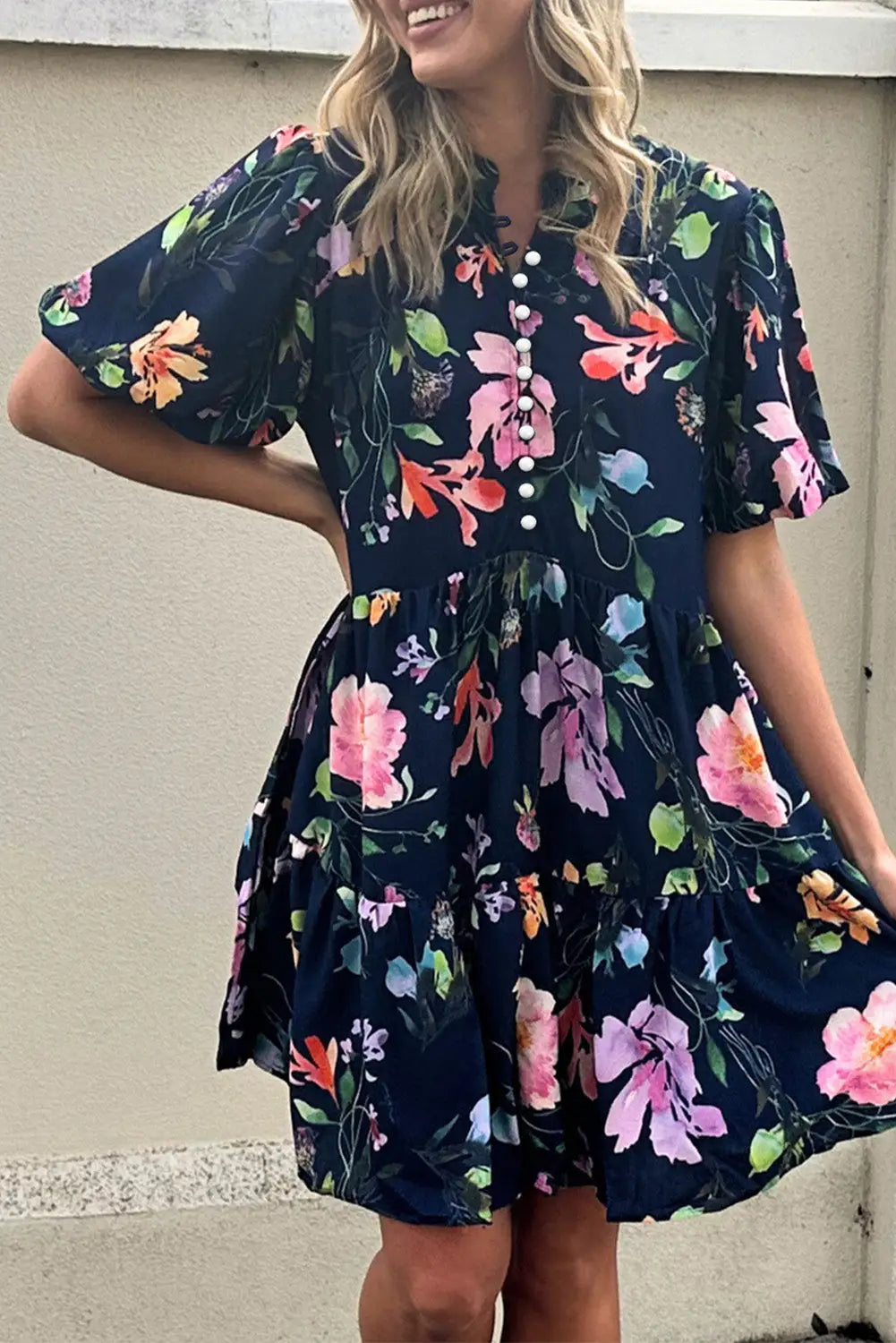 Black floral short bubble sleeve button mandarin collar dress - l / 100% polyester - dresses