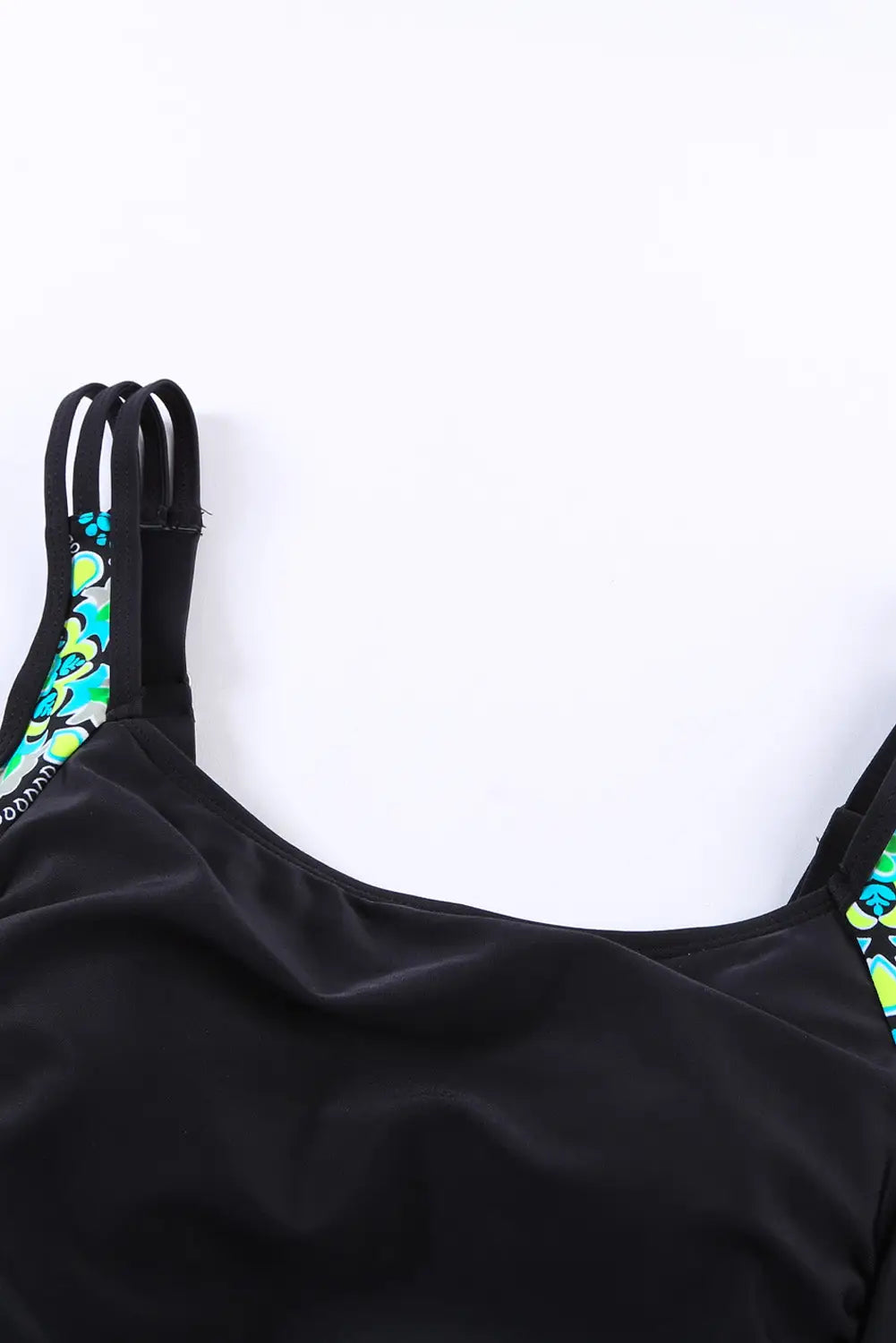 Black floral trim ruched tummy control one piece swimdress - swim dresses
