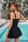 Black floral trim ruched tummy control one piece swimdress - swim dresses