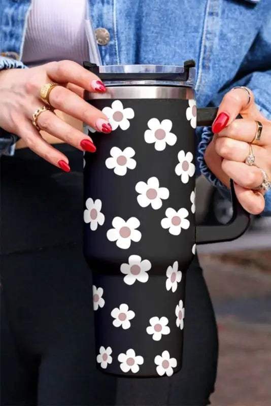 Black floret print stainless tumbler with lid and straw