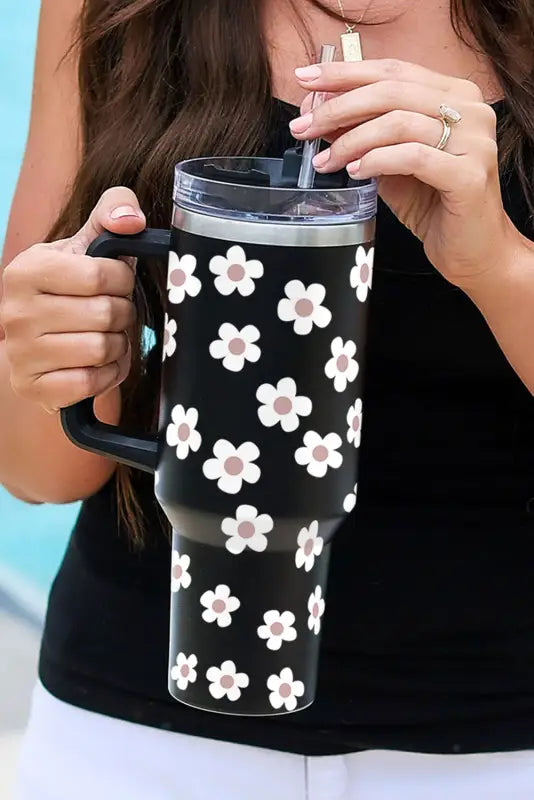 Black floret print stainless tumbler with lid and straw