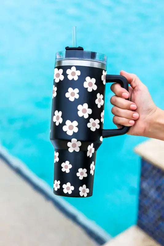 Black floret print stainless tumbler with lid and straw