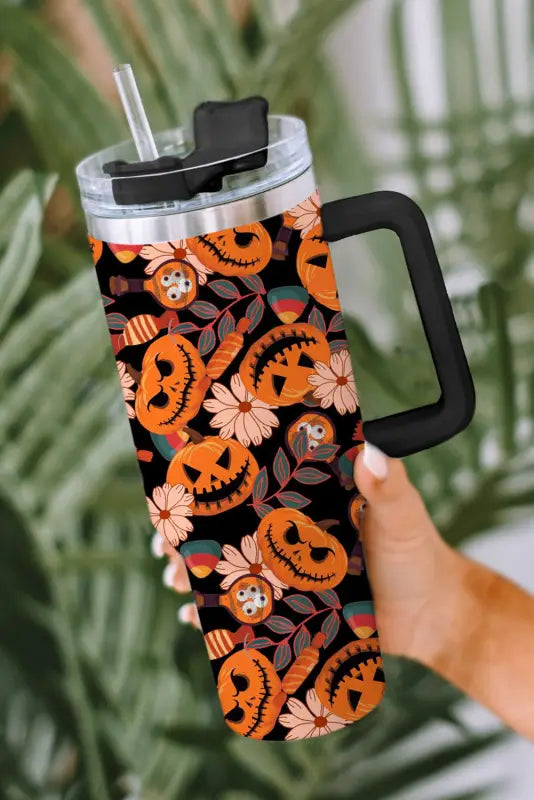 Black floret print stainless tumbler with lid and straw