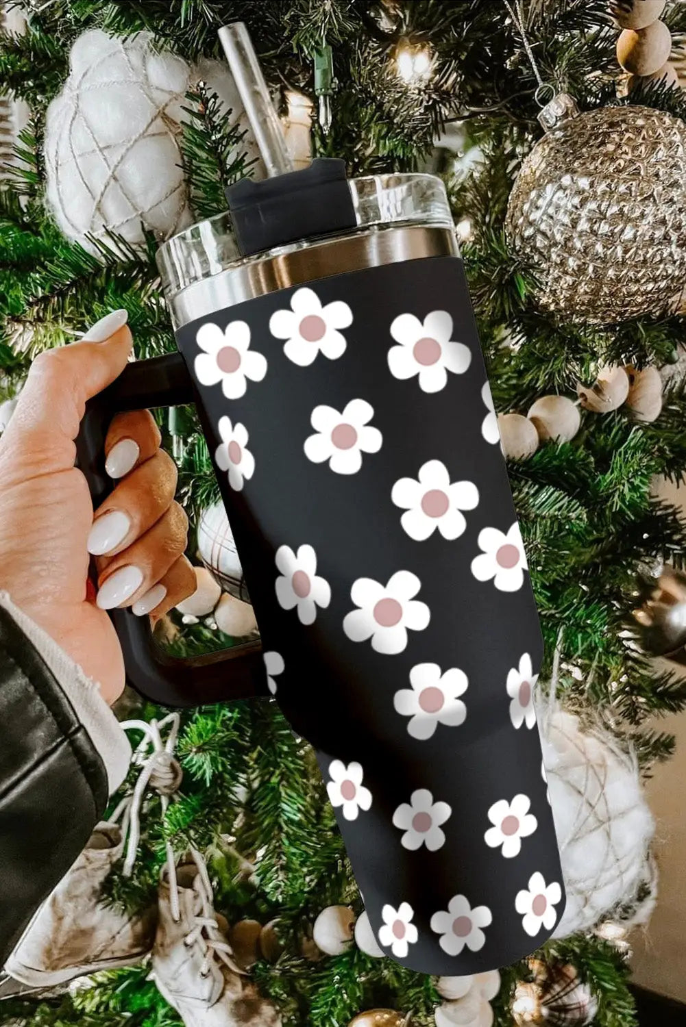 Black floret print stainless tumbler with lid and straw - tumblers