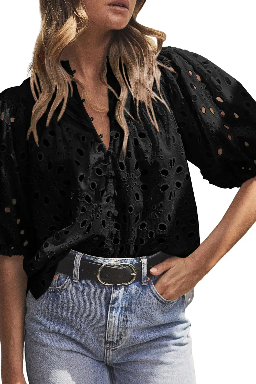 Black flower embroidered hollow-out puff sleeve blouse - tops/blouses & shirts