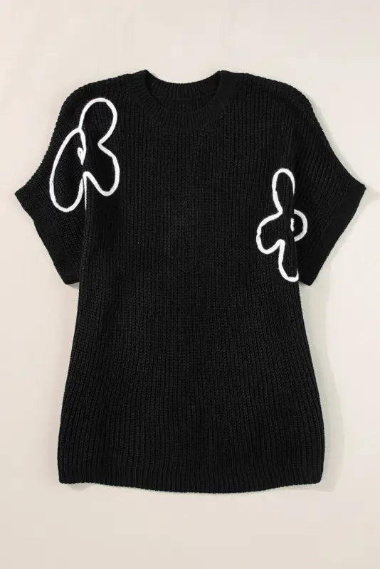 Black flower embroidery sweater tee