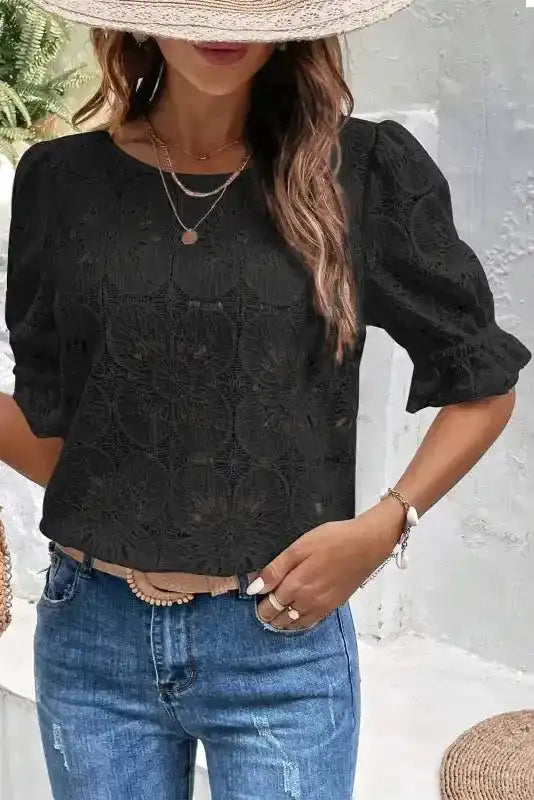Black Flower Eyelet Jacquard Top - Fashionfitz