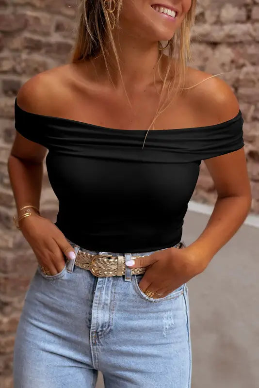 Black folded off shoulder slim top