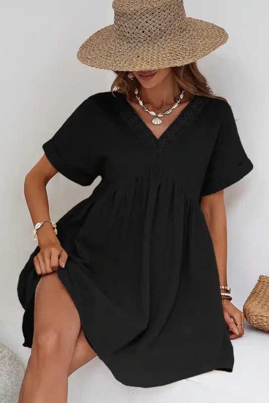 Black folded short sleeve lace v neck mini dress - dresses