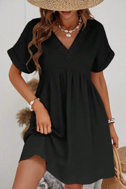 Black folded short sleeve lace v neck mini dress - l / 100% cotton - dresses