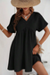 Black folded short sleeve lace v neck mini dress - dresses