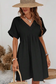 Black folded short sleeve lace v neck mini dress - dresses