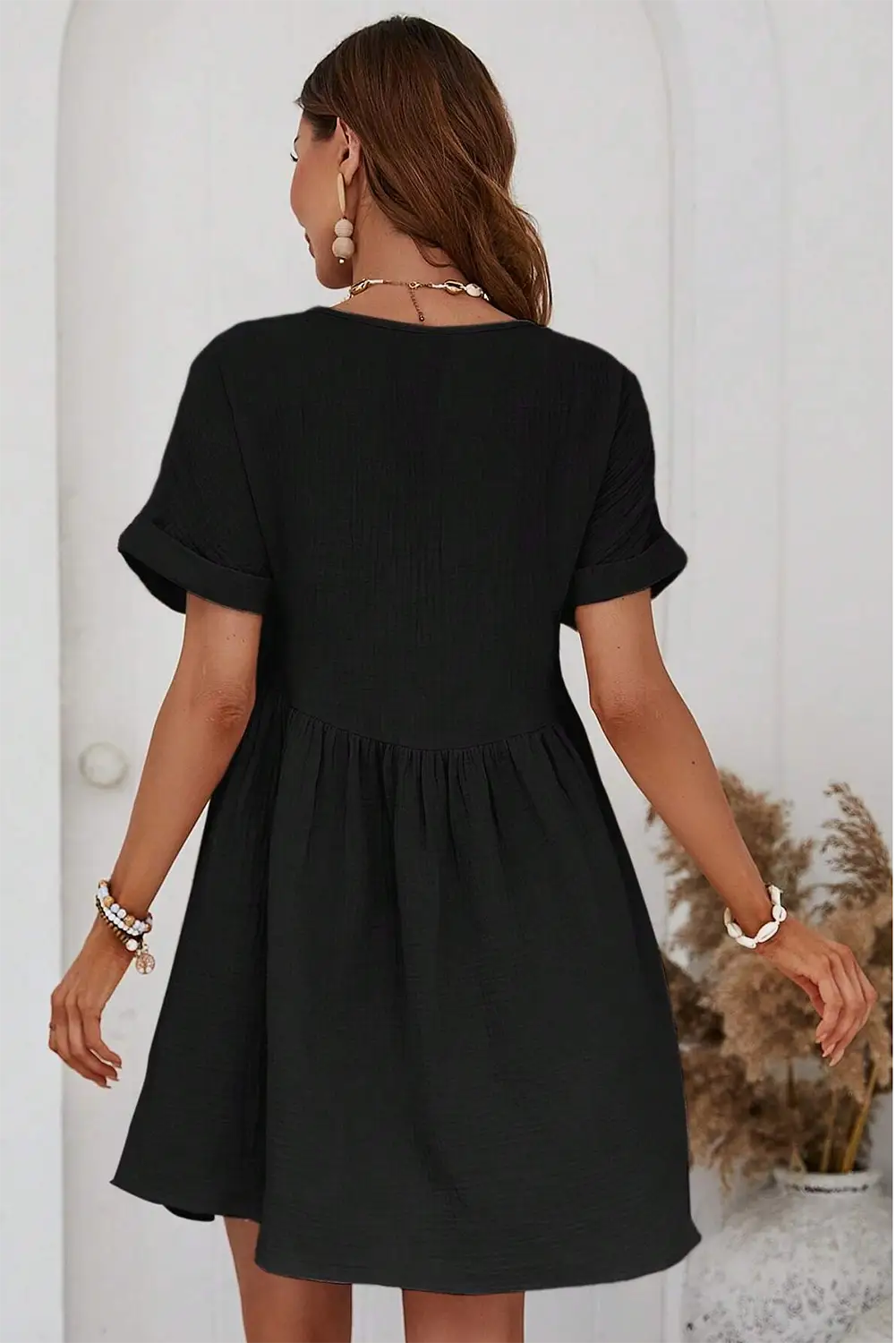 Black folded short sleeve lace v neck mini dress - dresses