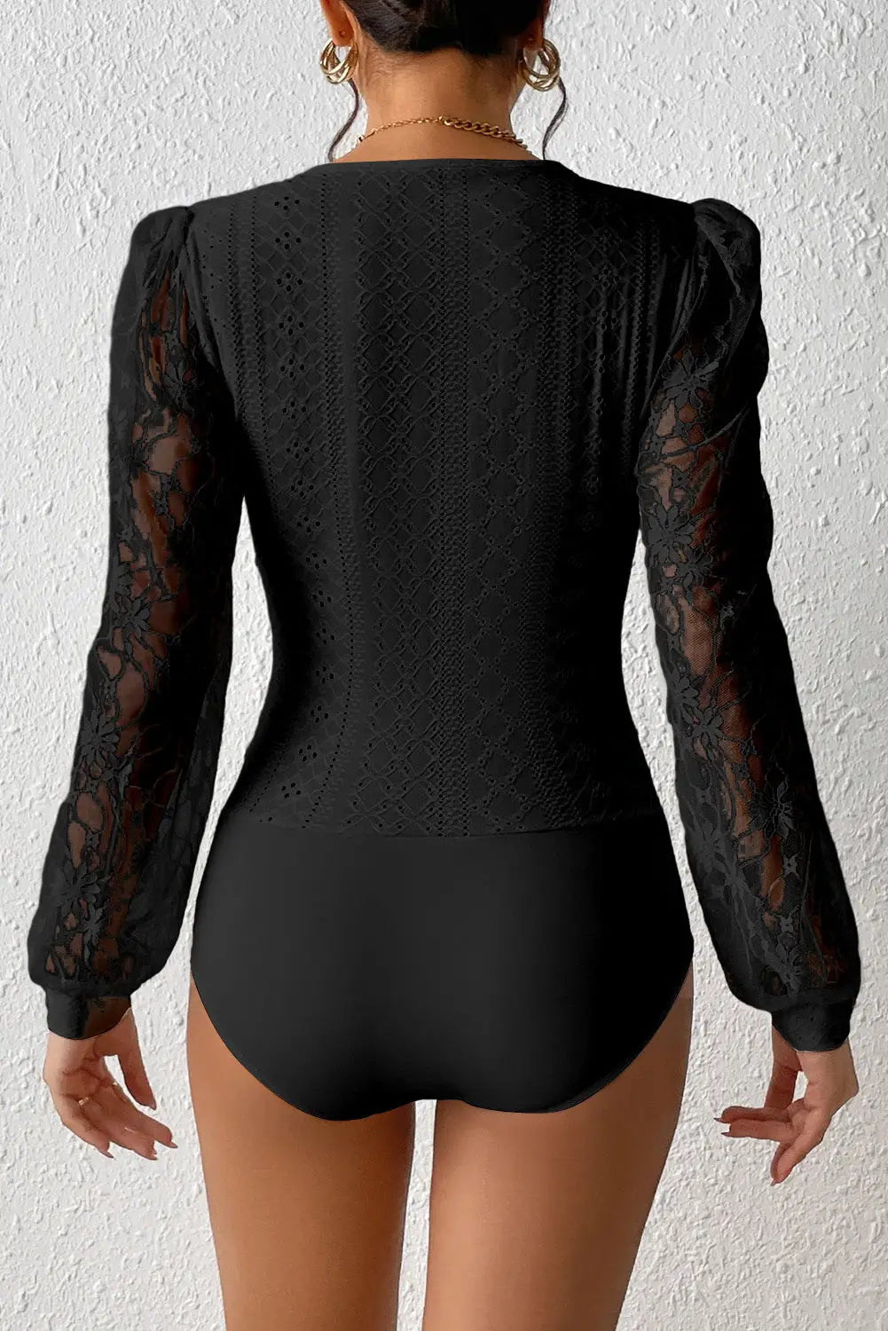 Black frenchy contrast lace bishop sleeve bodysuit - bodysuits