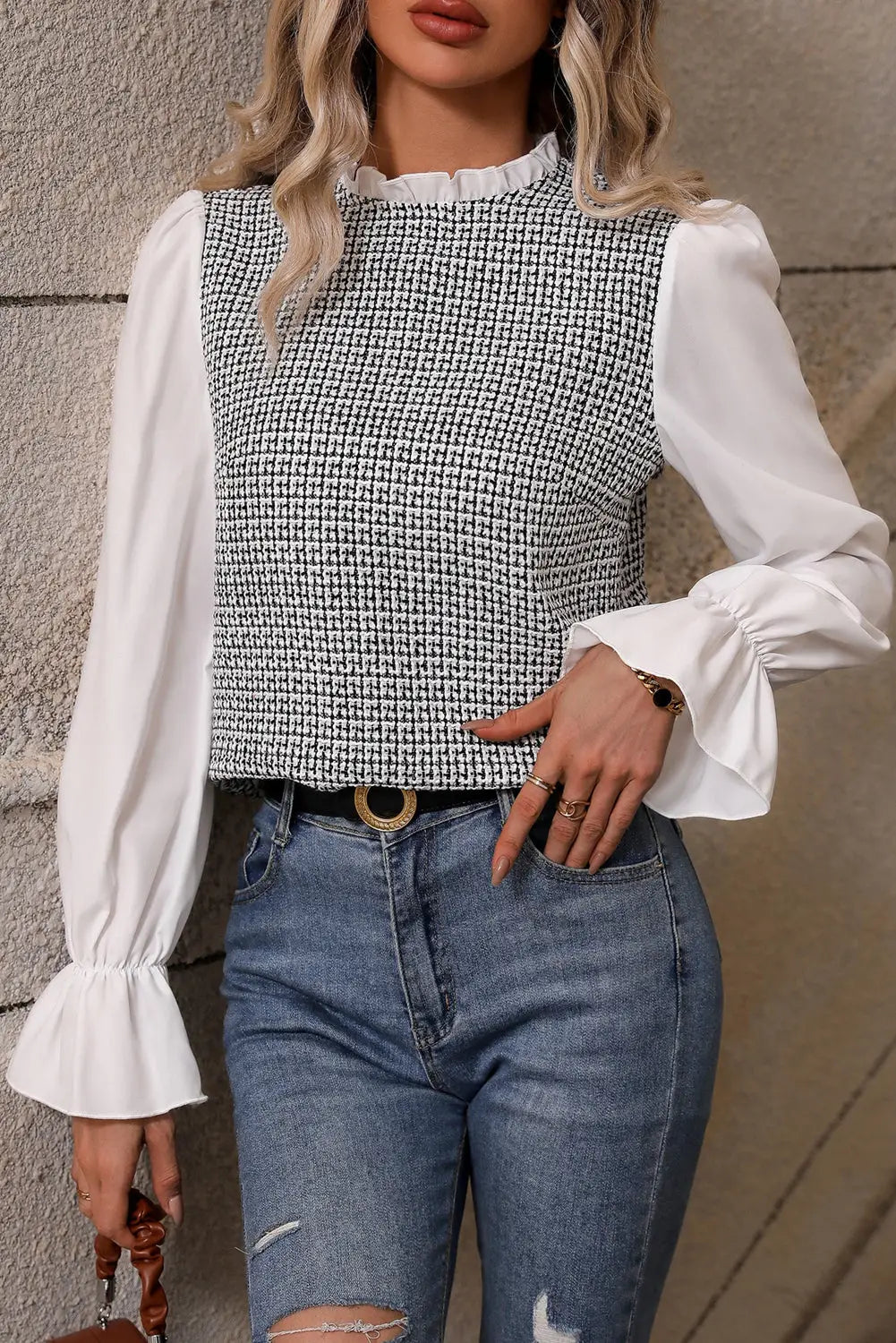 Black frill neck contrast flounce sleeve tweed top - long tops
