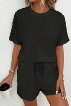 Black Frill Textured Short Sleeve Top and Drawstring Shorts Set - Fashionfitz