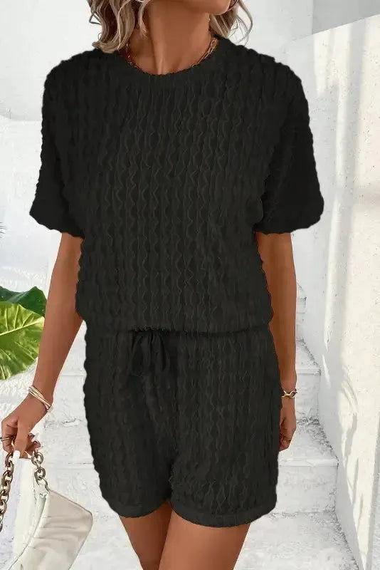 Black Frill Textured Short Sleeve Top and Drawstring Shorts Set - Fashionfitz