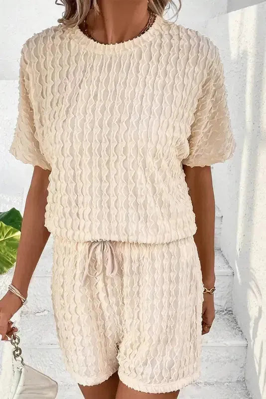 Black Frill Textured Short Sleeve Top and Drawstring Shorts Set - Fashionfitz