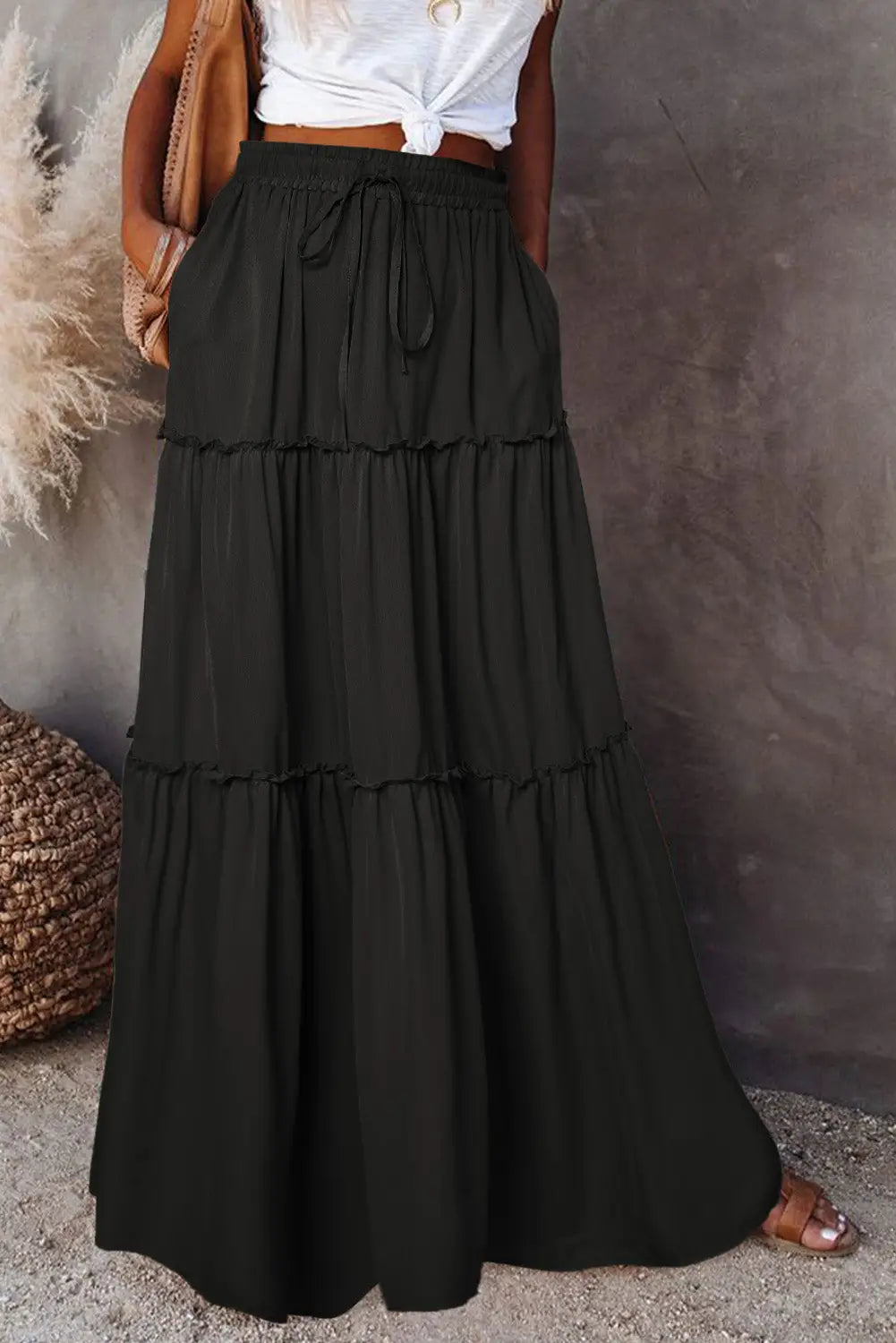 Black frill tiered drawstring waist maxi skirt - s / 100% polyester - skirts