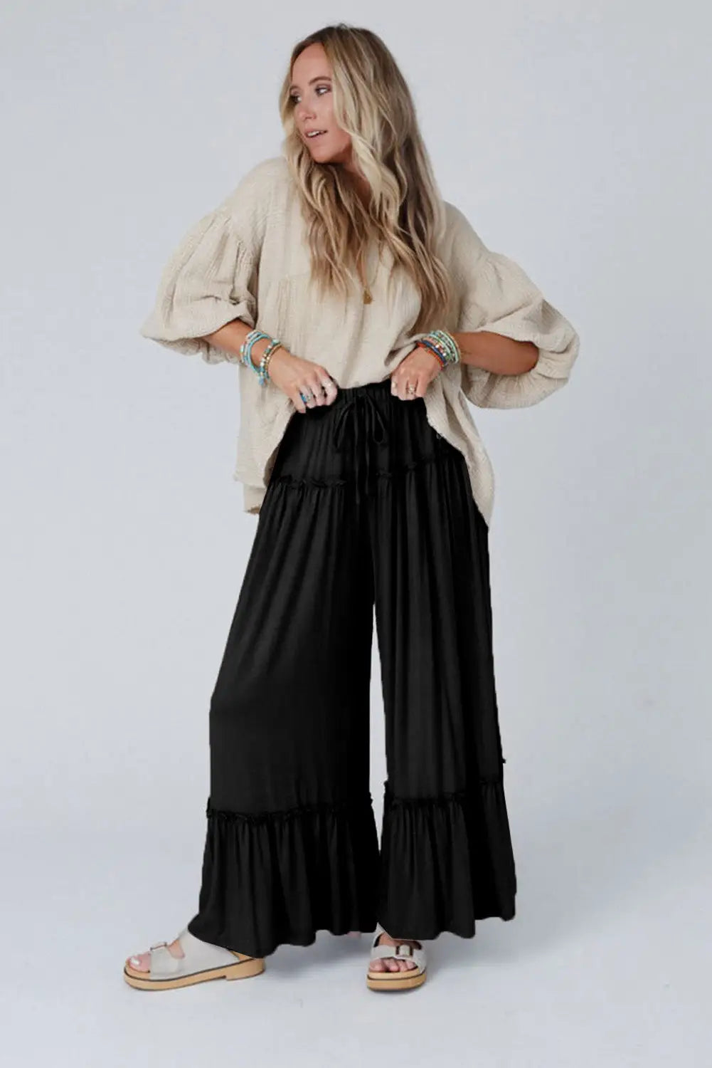 Black frilled high waist wide leg pants - bottoms/pants & culotte
