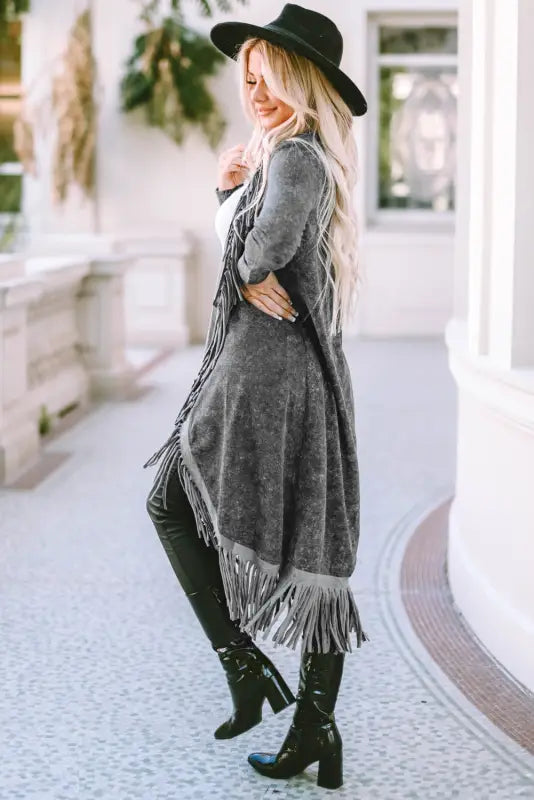 Black fringed hem pocketed open cardigan - tops